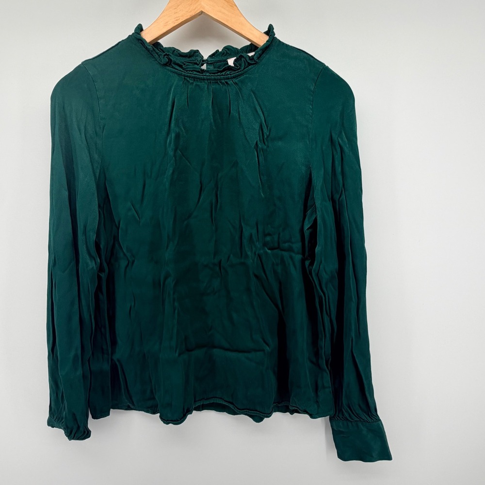 Rachel Parcell Ruffle Mock Neck Blouse Hunter Green Long Sleeve Top Women Small